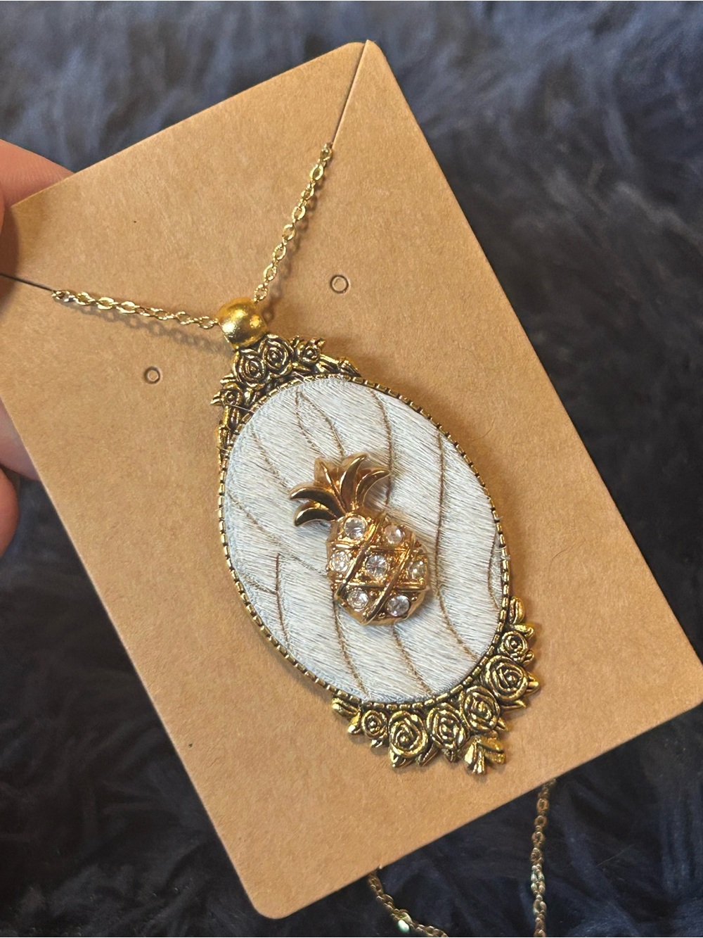 Handcrafted cowhide pineapple cameo pendant on chain necklace